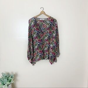 Vintage Women's Rayon Fruit Palm Leaf Print Multi Color Button Down Top